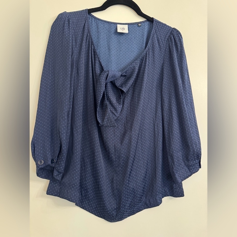 CAbi Navy Blue Micro Dot Tie Neck Lightweight Blouse #5525 Size XS